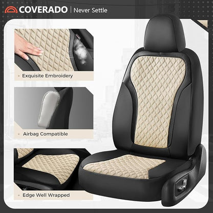 Coverado Car Seat Cover 5 Seats, Leather Seat Covers Full Set, Durable Waterproof Car Seat Protectors, Black and Beige Seat Cover, Spill-Proof Automotive Seat Covers Universal Fit for Most Cars