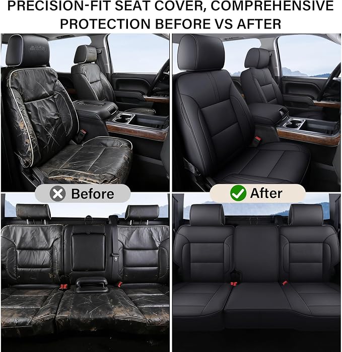 Coverado Chevy Silverado Seat Covers Full Set, Faux Leather Car Seat Covers Fit for 2014-2018 1500, 2015-2019 2500HD 3500HD Chevy Silverado GMC Sierra Crew Double Extended Cab (Black)