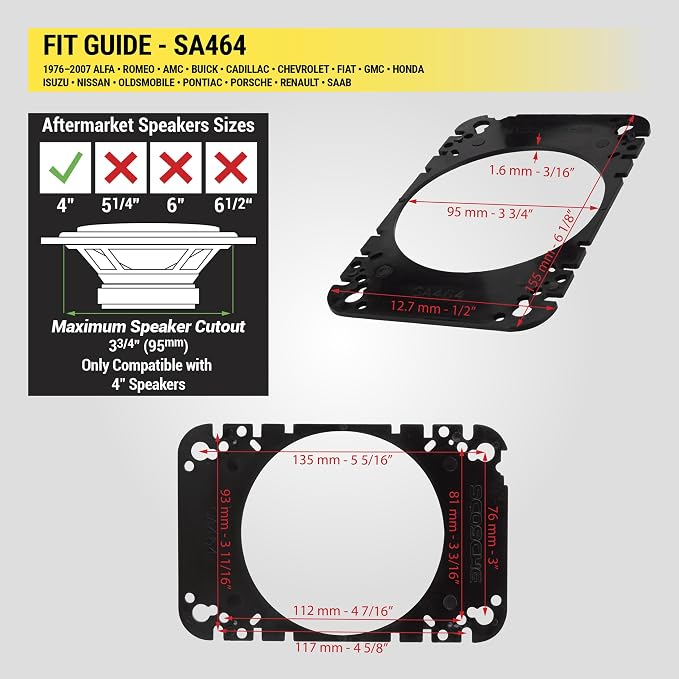 Scosche SA464 4x6” to 4" Car Speaker Adapters Compatible with Select 1976-07 Import and Domestic Vehicles - Adapter Spacers for Car Door and Dash Speakers - Sold in Pairs - See Fit Guide in Image