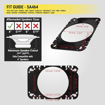 Scosche SA464 4x6” to 4" Car Speaker Adapters Compatible with Select 1976-07 Import and Domestic Vehicles - Adapter Spacers for Car Door and Dash Speakers - Sold in Pairs - See Fit Guide in Image