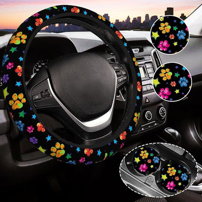 Paw Print Steering Wheel Cover for Women, Universal Auto Steering Wheel 14-15 Inch Car Interior Accessories with 2PCS Car Coasters, Suitable for Men and Women