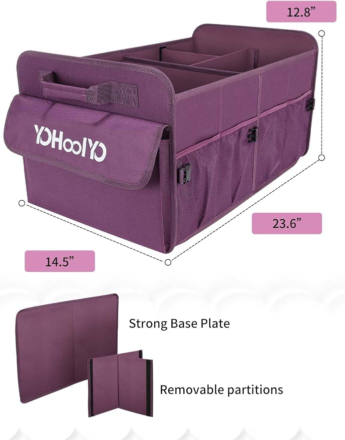 YOHOOLYO Car Trunk Organizer for SUV 72L Large Capacity Collapsible 4 Compartment Storage, Multicolor Car Accessories for Women/Men, Purple