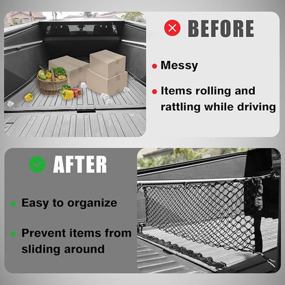 BestEvMod Envelope Style Cargo Net for Pickup Truck Bed Fit for Tesla Cybertruck 2026 2025 2024 Extra Strong Hook Stretchable Trunk Cargo Organizer with 2 L Track Hooks (Metal Hooks, Stand Envelope)