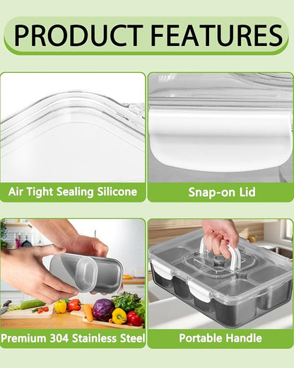 Snackle Box Container, Stainless Steel Divided Serving Tray with Lid and Handle,Large Snack Tray for Fruit Veggie, 8-Compartment Snack Platter for Travel Party Beach Picnic,with Ice Pack(Silver White)
