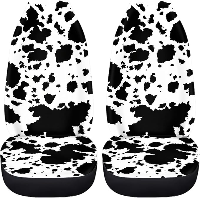 Cow Print Car Seat Covers Full Set,Rustic Spotted Milk Cow Fur Animal Skin Texture Black Cowhide Vehicle Front Rear Bench Cushion Protectors Auto Interior Accessories Universal Fit for Trucks
