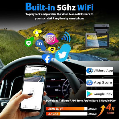 4K Dual Channel Dash Cam Front and Rear, Free 64GB Card Included, 5.8GHz WiFi Dash Camera for Cars, Built-in GPS, G-Sensor, 170°Wide Angle, 3" IPS Screen, 24H Parking Mode, Support 512GB Max