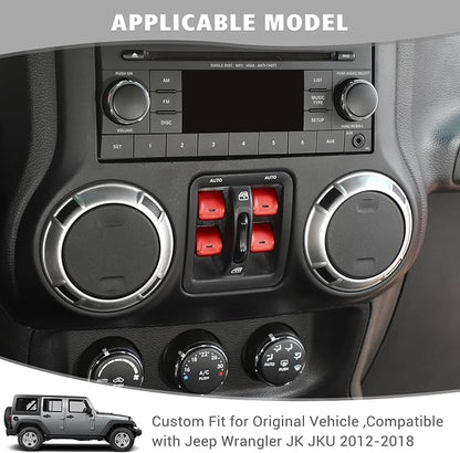 Jimen for JK Window Button Covers, 4PCS Center Console Window Switch Cover Interior Trim Kits Compatible with Jeep Wrangler JK & Unlimited 2012-2018, Aluminum Alloy (Red)