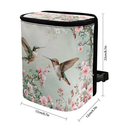 Talayituse Hummingbird Floral Print Car Trash Can with Lid, Leak Proof Auto Trash Bag Hanging Vehicle Garbage Can Multipurpose Storage Container for Back Seat Road Trip