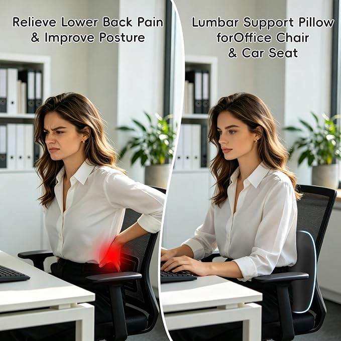BEBAS Lumbar Support Pillow for Car & Office Chair - Ergonomic Memory Foam Back Cushion for Lower Back Pain Relief, Back Support, Removable Washable Cover, Ideal for Driving, Work, Travel - Black