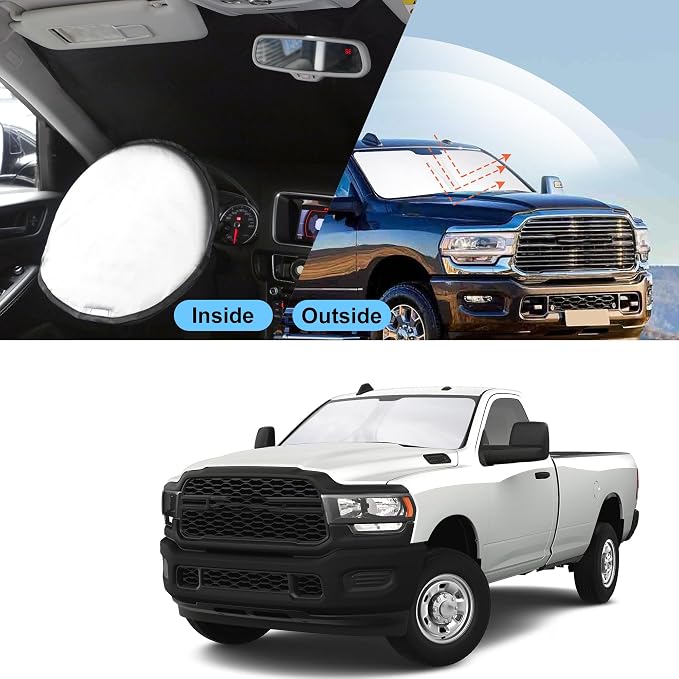 TINGLU Sun Shade for Dodge RAM 2500 3500 2010-2024 2025 2026 Accessories Windshield Sun Shade Window Shade UV Rays Protection Sun Visor Cover with Steering Wheel Sunshade Storage Bag