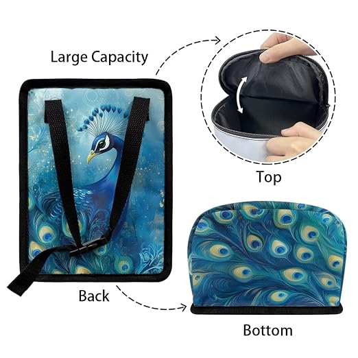 Talayituse Blue Peacock Print Car Trash Bin, Large Size Auto Trash Can Adjustable Portable Garbage Can with Lid, Vehicle Hanging Bag for Headrest Front Back Seat