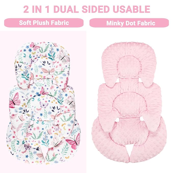 Infant Car Seat Insert Girls, Soft Car Seat Head Support Baby & 2 Strap Pads, Preemie Newborn Carseat Insert Reversible Fits for Stroller, Baby Swing, Rocker, Bassinets, Bouncer, Butterfly