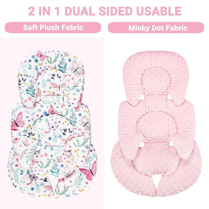 Infant Car Seat Insert Girls, Soft Car Seat Head Support Baby & 2 Strap Pads, Preemie Newborn Carseat Insert Reversible Fits for Stroller, Baby Swing, Rocker, Bassinets, Bouncer, Butterfly