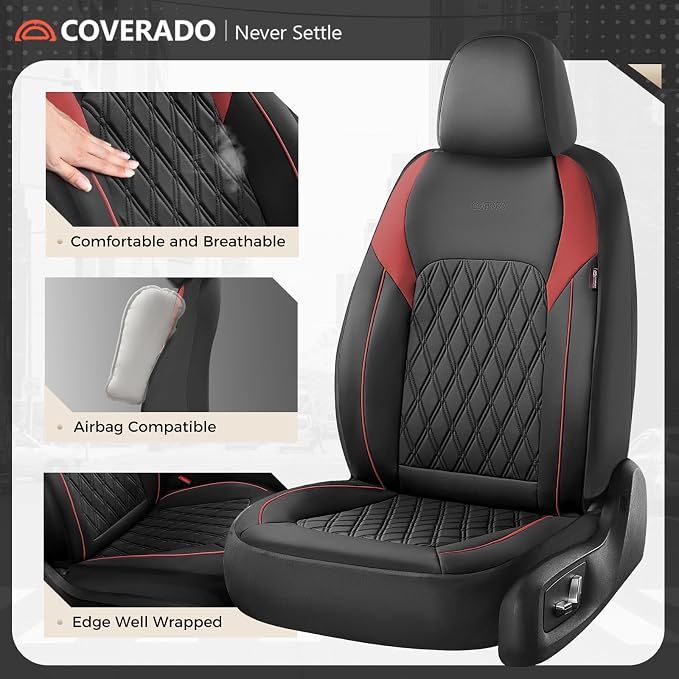 Coverado Automotive Seat Covers, Faux Leather Seat Covers Front Seat, Luxury Car Seat Covers, Seat Cushion, Front Driver Seat Covers, Car Seat Protector Truck Accessories Fit Most Cars, Black&Red
