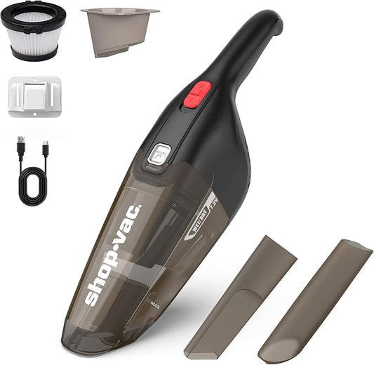 Shop-Vac Wet/Dry Handheld Vacuum Cordless, Powerful Portable Car Vacuum Rechargeable, Wall-Mounted Hand Vac with Crevice Tool, Lightweight Hand Vacuum for Home & Car, Washable Filter, Black