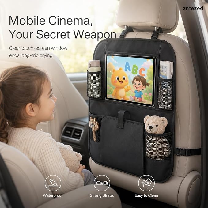Car Backseat Organizer with 12 Storage Pockets, 12" Touch Screen Tablet Holder, Waterproof Kick Mats Seat Protector, Car Organizers and Storage for Kids, Road Trip Essentials（2 Pack，Black）