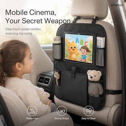 Car Backseat Organizer with 12 Storage Pockets, 12" Touch Screen Tablet Holder, Waterproof Kick Mats Seat Protector, Car Organizers and Storage for Kids, Road Trip Essentials（2 Pack，Black）
