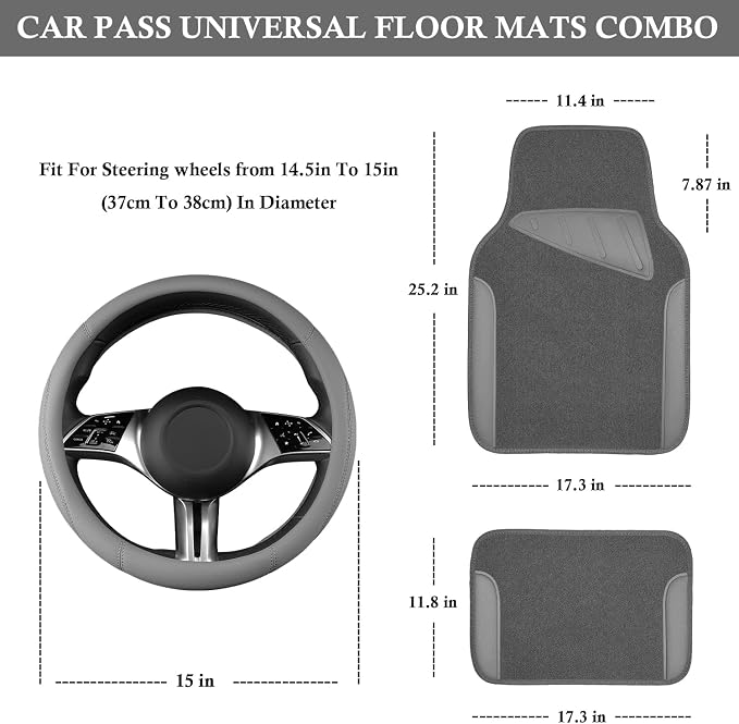 CAR PASS Microfiber Leather Steering Wheel Cover and Waterproof Car Floor Mats,Universal Car Combo Fit for 95% Sedan,SUV,Cars,14.5-15inch Anti-Slip Safety Comfortable Faux Leather Design(Solid Gray)