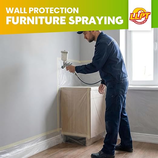 LLPT Pre-Taped Masking Film, 106.3" Unfolded x 66Ft, 0.31 Mil, 2 Pack | Static-Cling, Disposable, Solvent & Oil Resistant Bleed-Proof Low Tack No Residue for Auto Wall Furniture Painting Protection