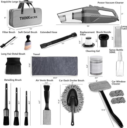 THINKWORK Car Cleaning Kit, Car Vacuum Kit, Gray Car Interior Detailing Kit with 8000PA High Power Vacuum, Including 7Pcs Detailing Brush Set and Bag