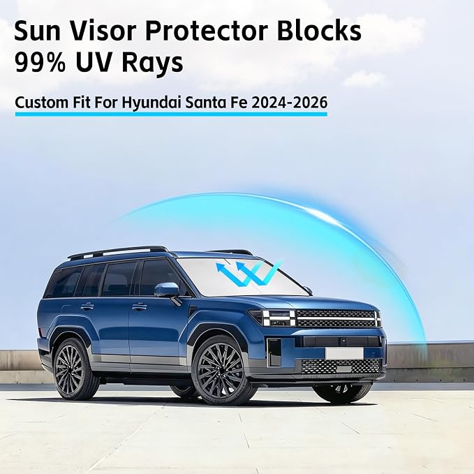 Windshield Sun Shade for Hyundai Santa Fe 2024 2025 2026 Sunshade 300T Windshield Cover Protector Blocks UV Rays Custom Fit Front Window Shades Windshield Accessories Keep Cool Foldable