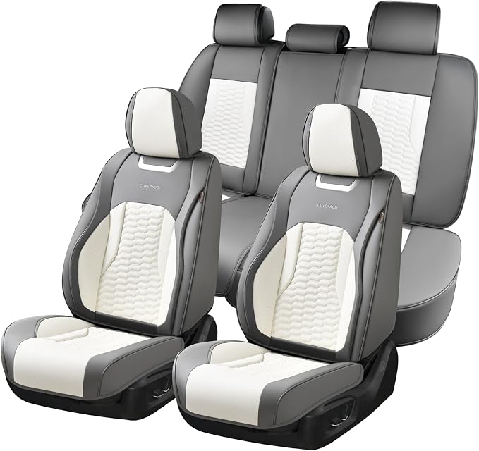 Coverado Seat Covers for Cars, Luxury Leather Seat Covers Full Set, Waterproof Automotive Seat Covers Protector Universal Fit for Most Sedans, SUVs, Pick-up Trucks(Gray&White)