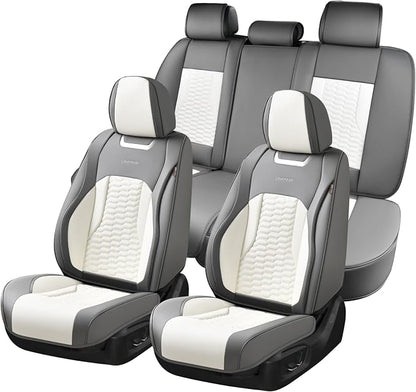 Coverado Seat Covers for Cars, Luxury Leather Seat Covers Full Set, Waterproof Automotive Seat Covers Protector Universal Fit for Most Sedans, SUVs, Pick-up Trucks(Gray&White)