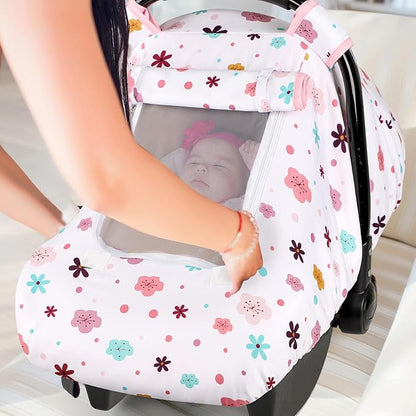 Pea Pod Car Seat Cover Baby, Infant Car Seat Canopy Covers with 2 Layers Windows of Breathable Mesh Fabric, Lightweight Polyester, Soft Minky Dot Backing (Floral Pattern)