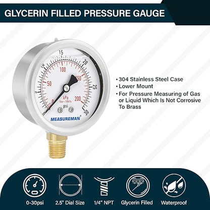 MEASUREMAN 2-1/2inch Dial Size, Oil Filled Pressure Gauge, 0-30psi/kpa, 304 Stainless Steel Case, 1/4 inchNPT Lower Mount