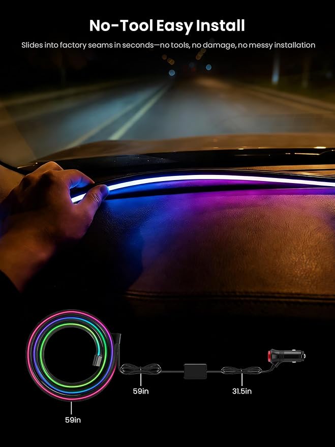 Car LED Lights Interior, 16M Colors APP & CarPlay Control, Music Sync, Auto-On/Off，Voltage Protection, Brightness Dimmer 12V DC LED Strip Lights for Car, Truck, SUV (Colorful 4.9ft)