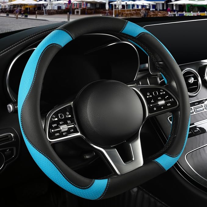 Microfiber Leather D Shaped Steering Wheel Cover, Breathable, Anti Slip, 13.5 inch to 14 inch, Black with Blue