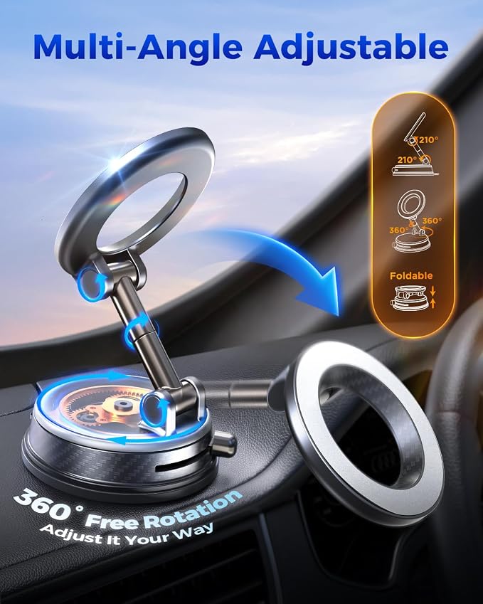 2026 Upgraded Vacuum Magnetic Car Phone Holder, 85LBS Strongest Suction & 2600gf Magnetic for Magsafe Car Mount, 360° Adjustable Foldable Cell Phone Holders for Your Car for iPhone 17 16 15-Silver