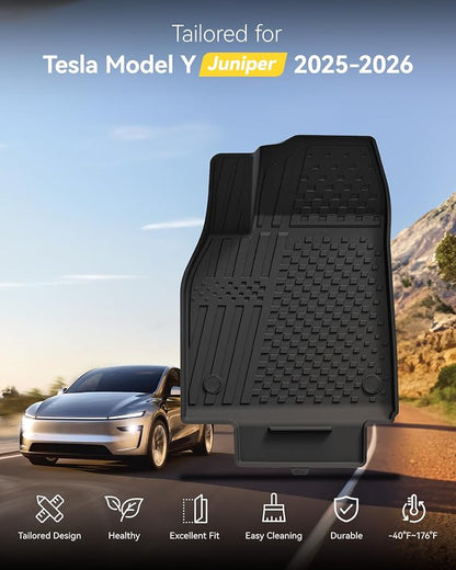 3W Tesla Model Y Juniper Floor Mats(not for Standard), Rear Cargo Liner, Custom Fit 2025 2026 Model Y Accessories, TPE All Weather Odorless Non-Slip, Black