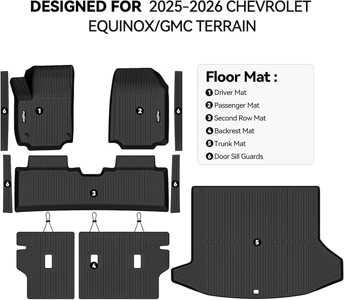 Floor Mats for Chevrolet Equinox/GMC Terrain 2025-2026, Trunk Mat and Backrest Mat & Door Sill Guard All Weather TPE Protector for Chevrolet Equinox Accessories