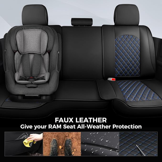 FREESOO Car Seat Covers Full Set for Dodge Ram 2002-2018 1500 & 2011-2026 2500 3500 Crew Quad Cab, 2019-2024 Ram 1500 Classic Leather Seat Cover, with Curved Bench, Black Blue