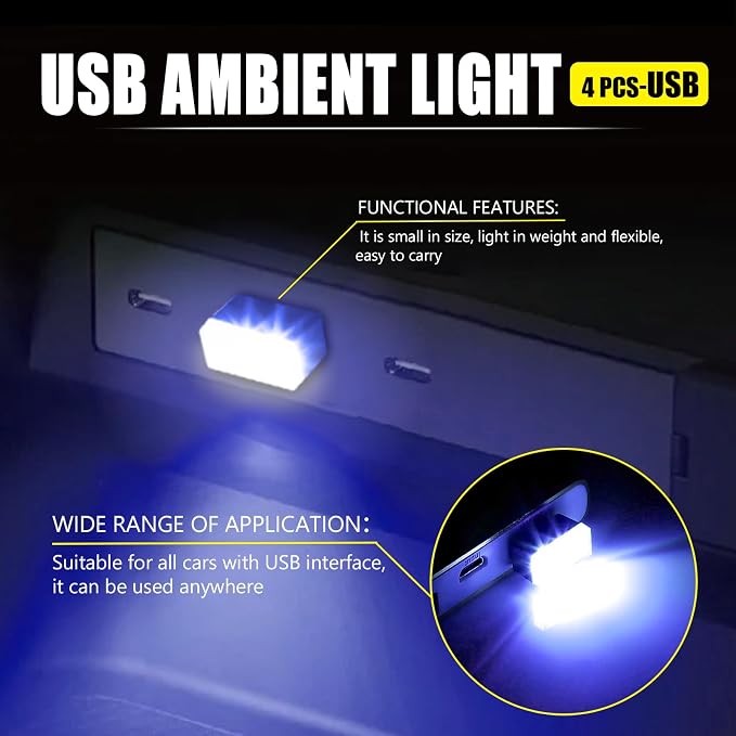 4 PCS USB LED Car Interior Atmosphere Lamp, Portable Mini Auto LED Decor Night Light, Plug-in USB Interface Ambient Lighting Kit, Universal Car Interior Accessories(Blue)