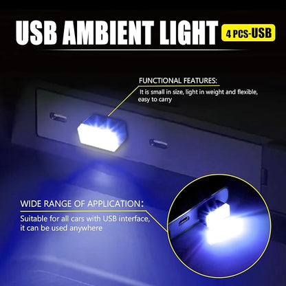 4 PCS USB LED Car Interior Atmosphere Lamp, Portable Mini Auto LED Decor Night Light, Plug-in USB Interface Ambient Lighting Kit, Universal Car Interior Accessories(Blue)
