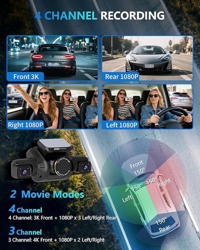 HUPEJOS AI Dash Cam Front Rear Inside with Driver Monitor System, 360° Car Camera 4K, 4 Channel Camera for Cars, WiFi GPS, Dashcam 64GB SD Card, Night Vision, 24H Parking Mode, Upgrade DMS V8Plus