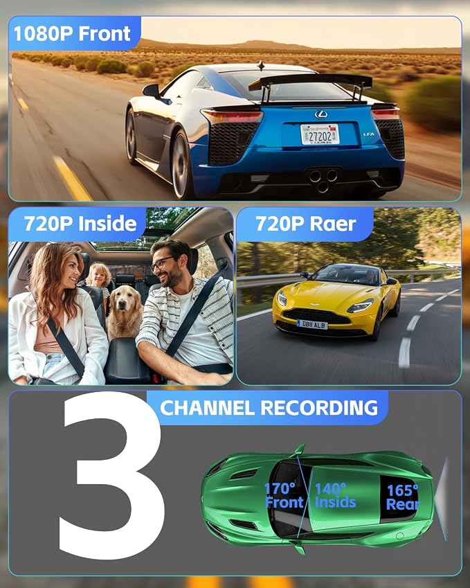 3 Channel Dash Cam Front and Rear Inside with 64GB SD Card, 1080P+720P+720P Car Dash Camera for Cars Front and Rear, Dashcam with G-Sensor, Loop Recording, 24H Parking Mode, Night Vision