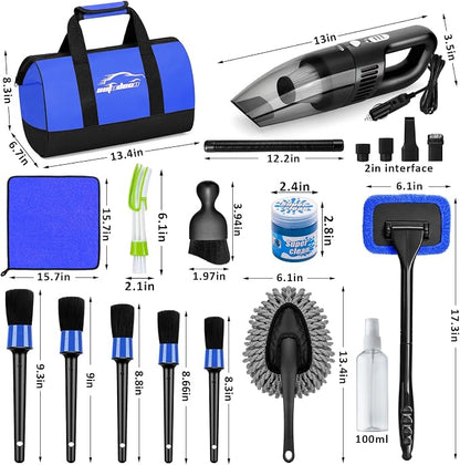 Car Cleaning Kit, Car Vacuum Interior Detailing Cleaner Kit with High Power Handheld Vacuum, Brush Set, Windshield Tool, Duster, Towels, Complete Car Care Tools for Women (Blue)