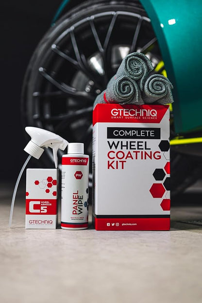 Gtechniq Wheel Coating Kit for Cars, 3-Piece | Includes Paint Degreaser Panel Wipe, C5 Wheel Armor and Microfiber Cloth, Enhances Protection and Shine, Easy to Apply and Long-Lasting Results