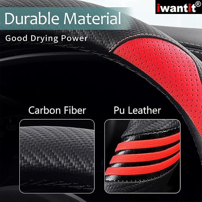Iwantit® Premium Grip Steering Wheel Cover with Anti-Slip Rubber Ring, Made of Carbon Fiber & Breathable PU Leather, Universal Fit for 14.5-15 Inch Car and SUV (Passion Red)