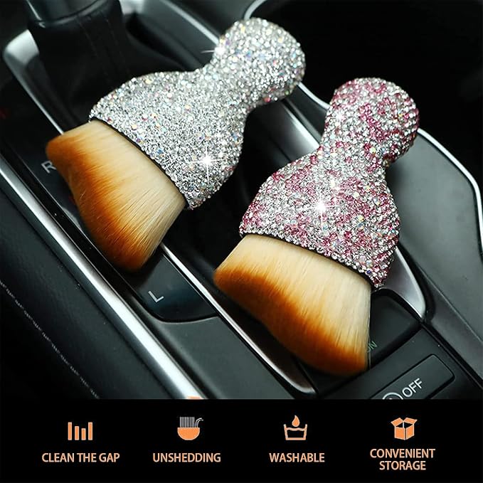 1 PC Bling Car Interior Dust Brush, Rhinestones Auto Scratch Free Detailing Brush, Soft Car Interior Cleaning Brush Accessories for Automotive Dashboard, Air Conditioner Vents, Computer (Pink)