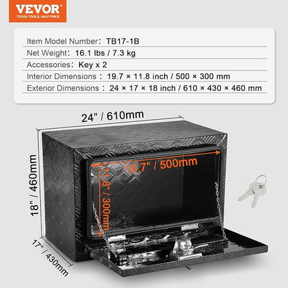 VEVOR Underbody Truck Box, 24" x 17" x 18", Heavy Duty Aluminum Diamond Plate Tool Box with Lock and Keys, Waterproof Trailer Storage Box with T-Handle Latch for Truck, Van, Trailer