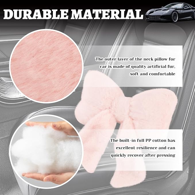 Furry Bow Car Headrest Pillow,Soft & Comfortable Car Neck Pillow for Cars Decorations & Fatigue Relief,Universal Head Rest Pillows for Cars Interior Accessories for Trucks,SUVs (Pink)