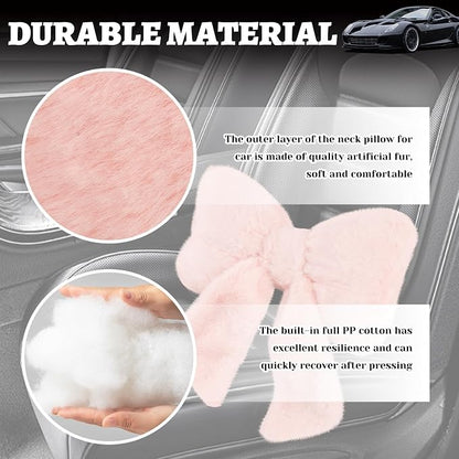 Furry Bow Car Headrest Pillow,Soft & Comfortable Car Neck Pillow for Cars Decorations & Fatigue Relief,Universal Head Rest Pillows for Cars Interior Accessories for Trucks,SUVs (Pink)