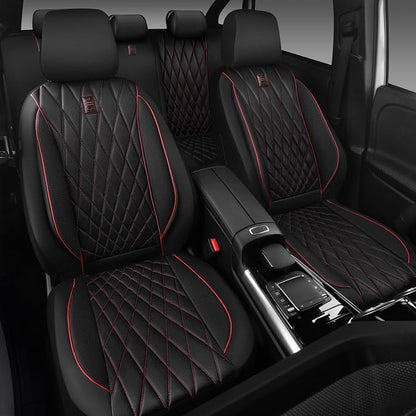 CAR PASS Piping Luxury Leather Seat Covers Full Set,5 Seats Anti-Slip Waterproof Seat Covers Compatible with Front Armrests,Universal Fit for Sendan SUV Van Truck,Airbag Compatible,Black and Red