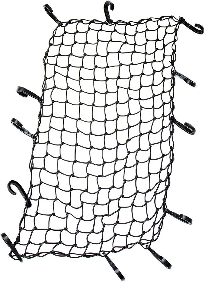 Funmit 22"x38" Cargo Net Stretches to 44"x76", Latex Bungee Cargo Net with 2"X2" Small Mesh and 12 Adjustable Plastic Hooks, for Car ATV Boat SUV Van Trailer Snowmobile (Black)