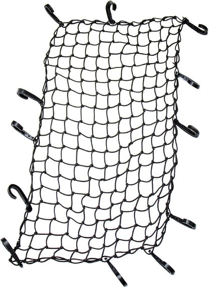 Funmit 22"x38" Cargo Net Stretches to 44"x76", Latex Bungee Cargo Net with 2"X2" Small Mesh and 12 Adjustable Plastic Hooks, for Car ATV Boat SUV Van Trailer Snowmobile (Black)