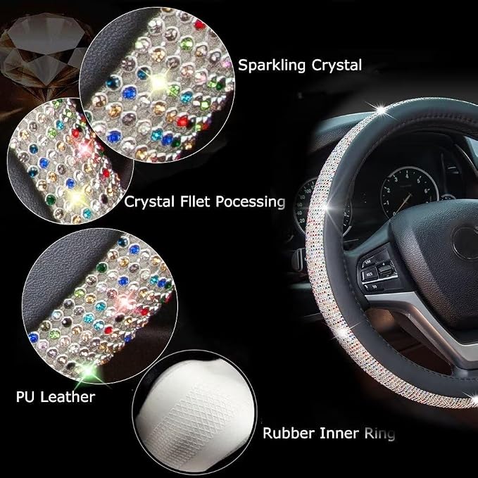 New Diamond Leather Steering Wheel Cover with Bling Bling Crystal Rhinestones, Universal Fit 15 Inch Car Wheel Protector for Women Girls Black with Colorful Diamonds